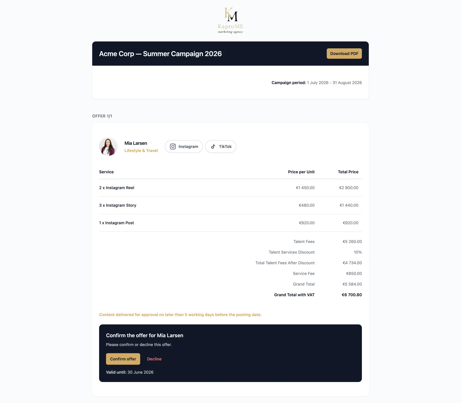 Brand offer link: a proposal that looks and works professionally
